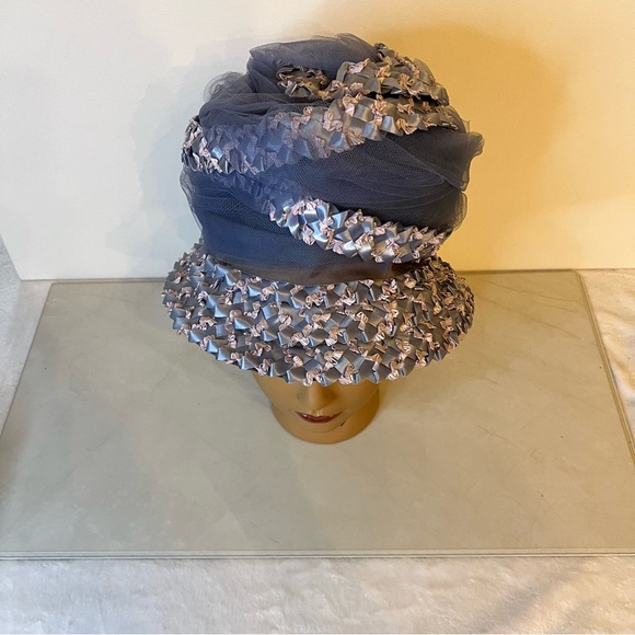 Union Made Vintage Women’s Blue Bucket Hat Rafia and Ribbon Mesh Netting - Picture 12 of 14